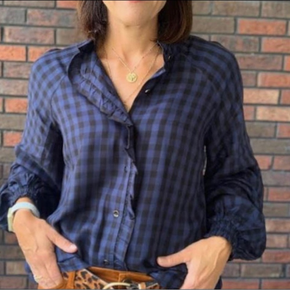Cabi Aberdeen Blue Plaid Ruffle Button Front Blouse Top Size Small